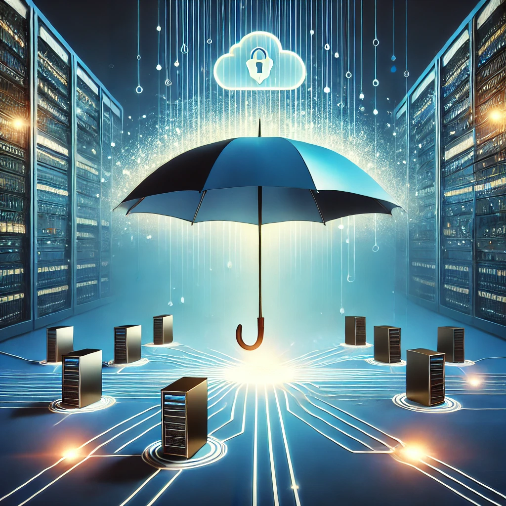 A blue umbrella, symbolizing protection, shields a network of servers and a cloud icon with a lock. 