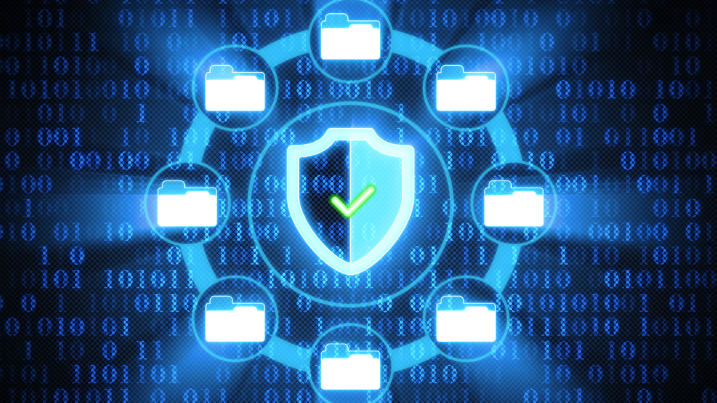 A blue shield with a green checkmark sits in the center of a network of white folders, symbolizing protection of data and files.